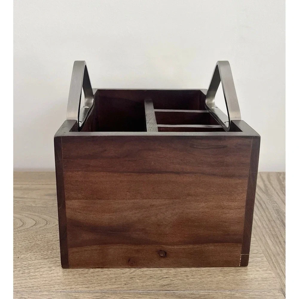 Crate And Barrel Boyd Acacia Wood Flatware Caddy Lacquer Finish Stainless Steel